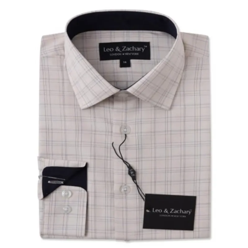 SHIRT CAMEL & BLUE GRAPH CHECK PRINT NAVY TRIM CUFF & NECKLINE / 5951