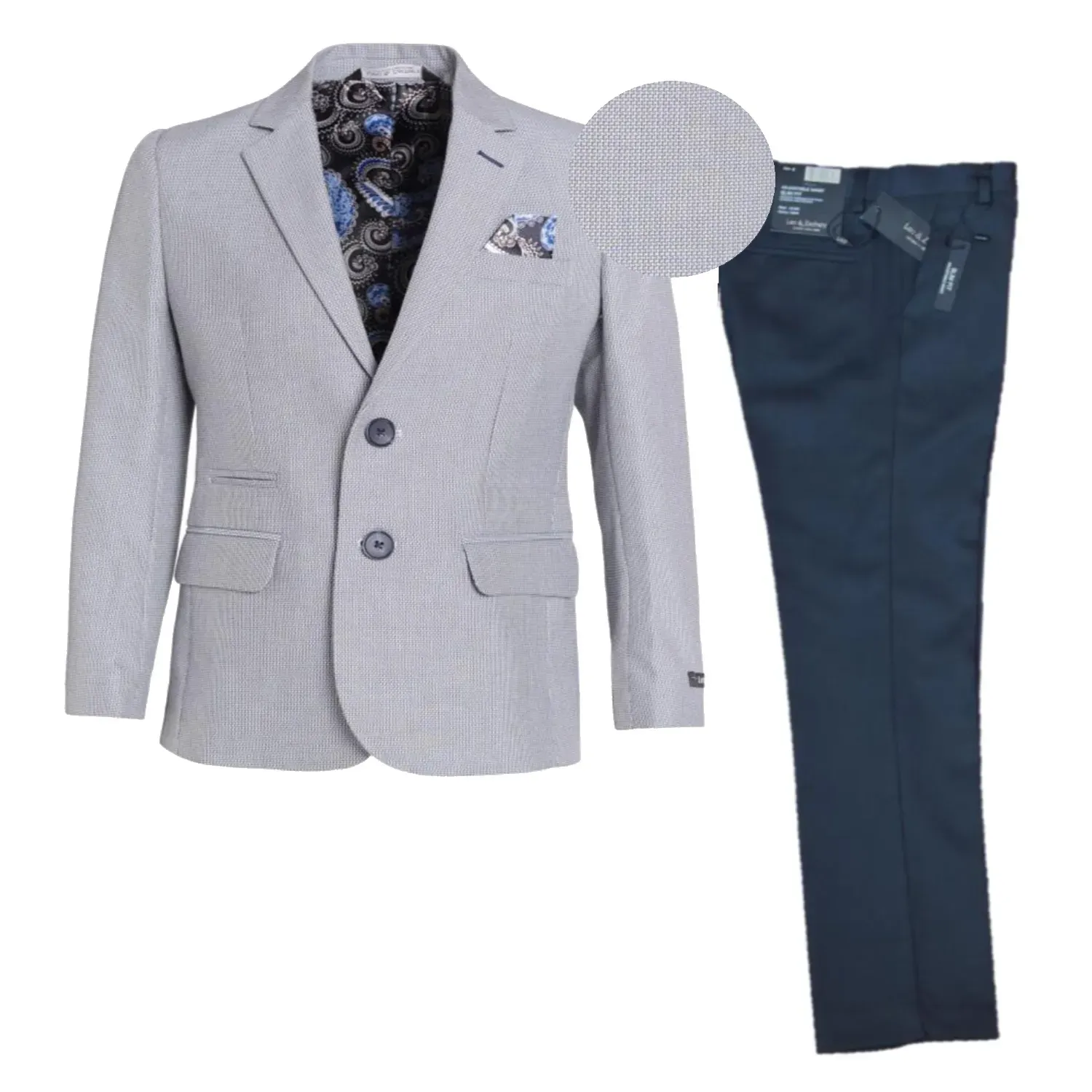 2 PC SUIT GREY COOLED BASKET WEAVE BLAZER NAVY STRETCH PANT SLIM FIT / BLZ5428-LZK504