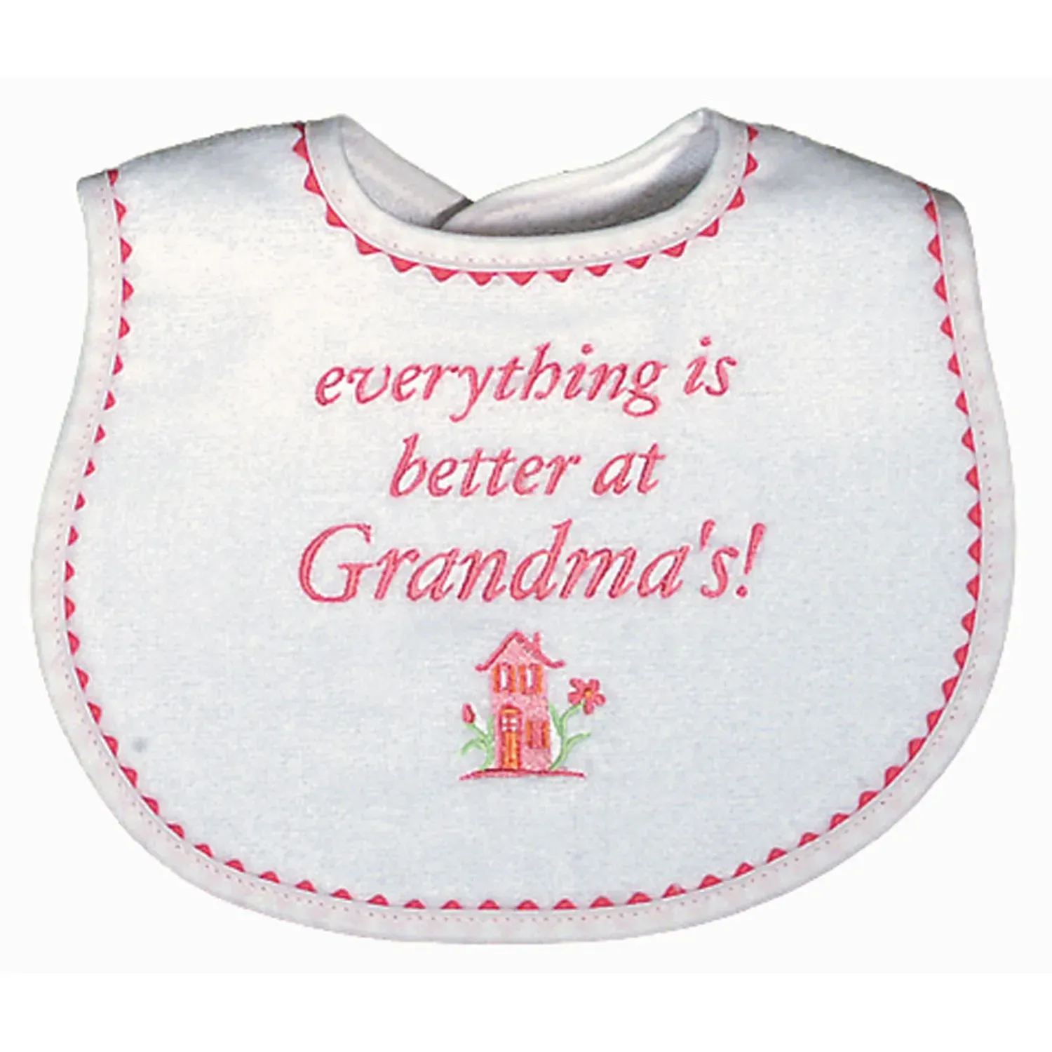 WHITE TERRY BIB STRAWBERRY PINK TRIM EVERYTHING IS BETTER AT GRANDMA'S / 6439