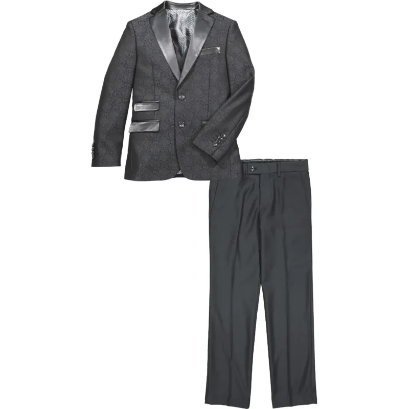 BLACK 3PC TUXEDO SUIT BLACK BROCADE SATIN LAPEL BLACK / ST2062