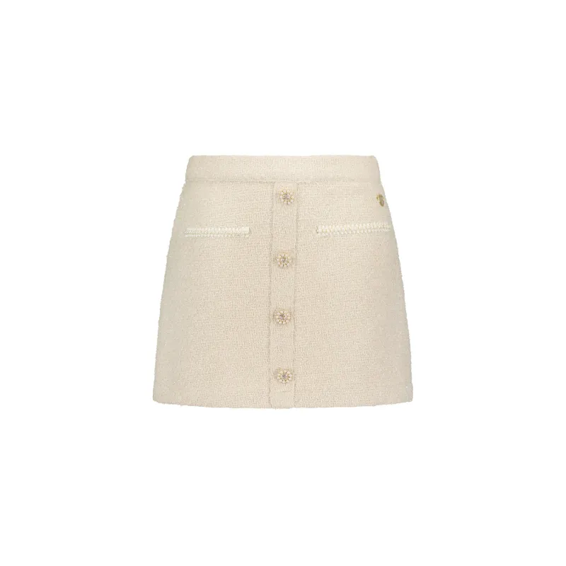 TWEED SKIRT OATMEAL BEIGE PEARL TRIM PEARL BUTTONS / C312-5742-011