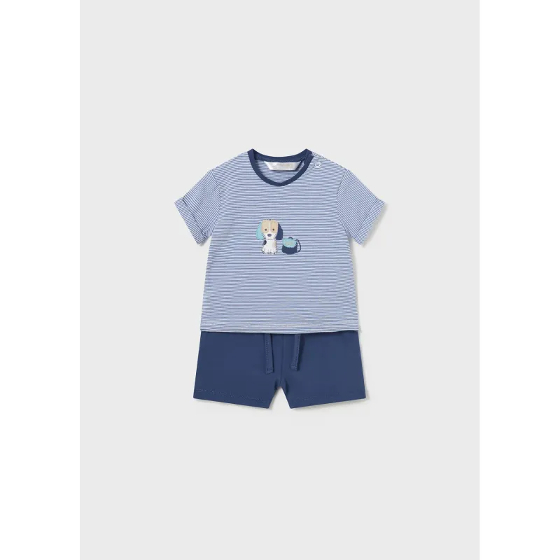 2 PC KNIT SHORT SET NAVY SHORTS STRIPED BLUE &WHITE TSHIRT PUPPY APPLIQUE / 1626-016