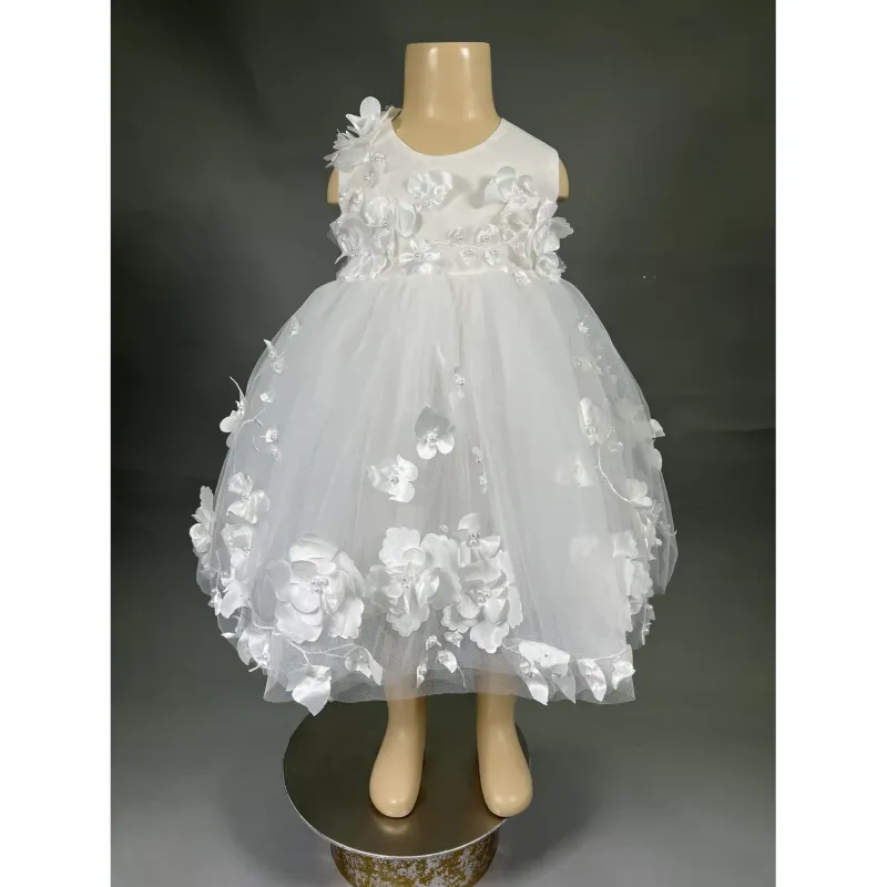 DRESS IVORY SATIN & TULLE 3D ALLOVER FLOWER ACCENT BAPTISM OR FLOWER GIRL / 62517I