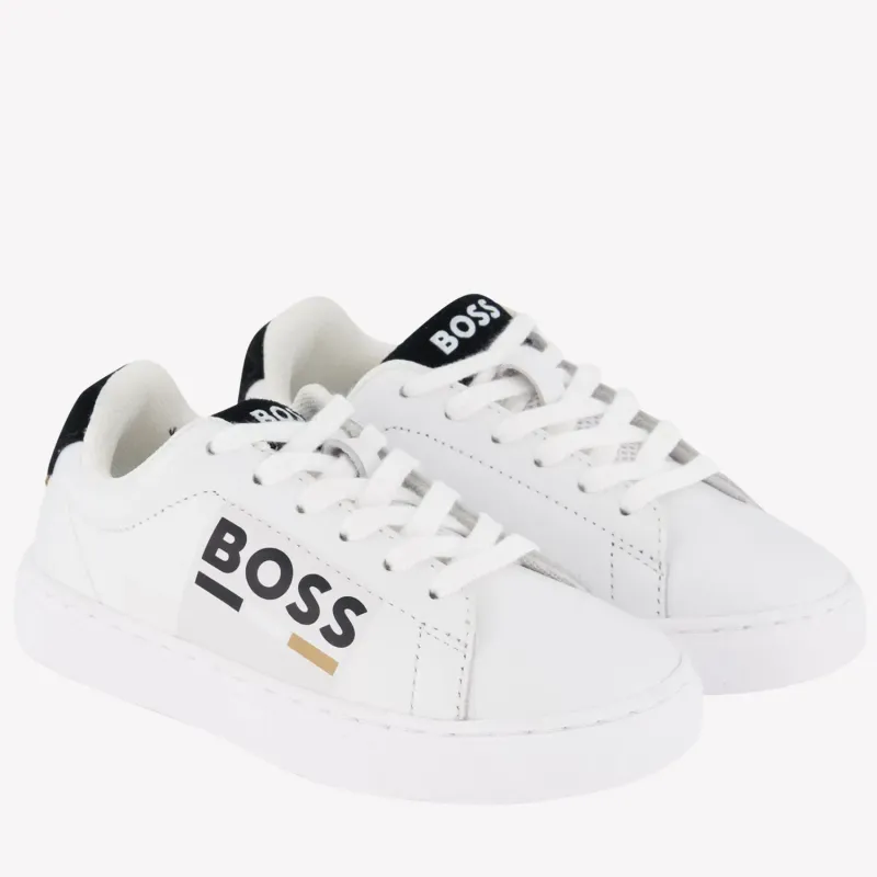 WHITE SNEAKER SHOE WITH LACES BLACK BOSS LOGO & TRIM / J51310-10P