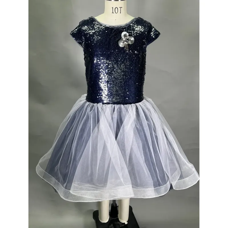 DRESS NAVY SEQUIN BODICE TULLE SKIRT BEADED PIN HIGH LOW / 20822
