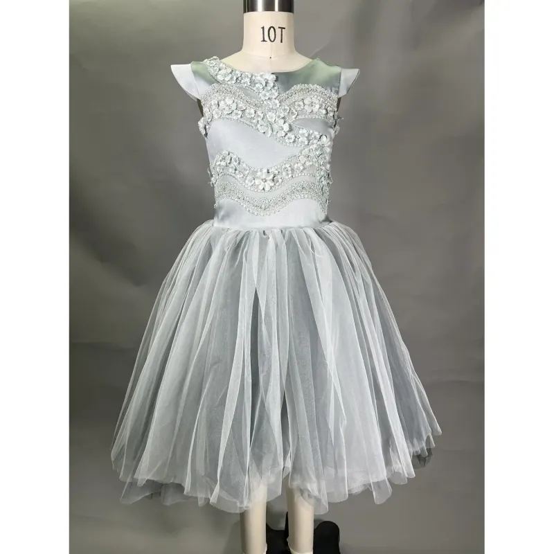 2PC DRESS & HAIRCLIP GREEN SATIN EMBROIDERED BODICE TULLE HIGH LOW SKIRT / 20628