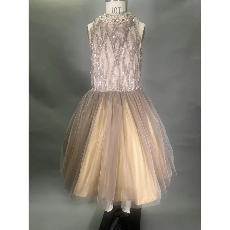 DRESS MINK BEIGE BEADED TOP TULLE SKIRT PEARL SEQUIN NECKLINE / 2902