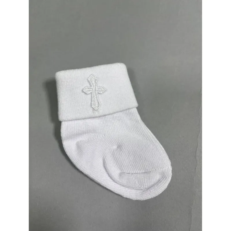 WHITE BOYS SOCK CUFF & CROSS EMBROIDERY 0-6M 6-12M 12-18M / EK115
