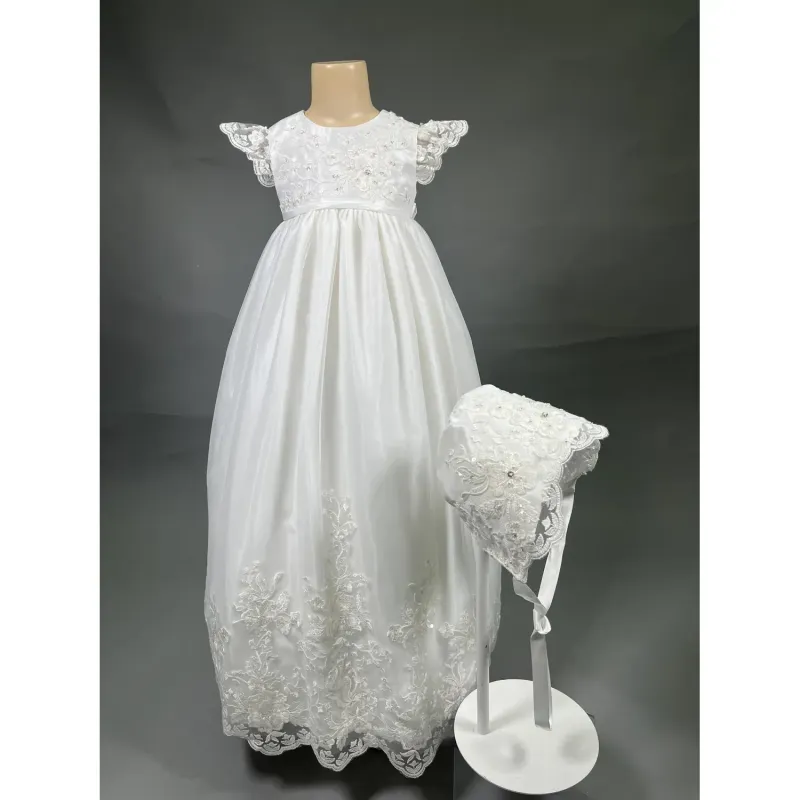 BAPTISM GOWN & BONNET IVORY TULLE WITH EMBROIDERED BODICE & HEM & SEQUINS / CH295