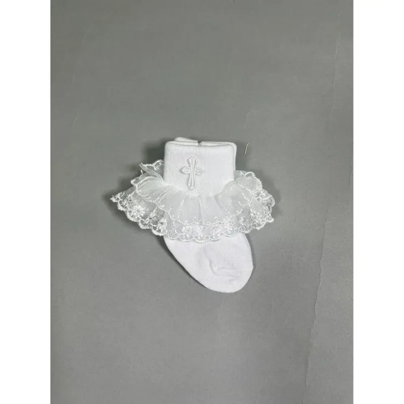 WHITE GIRL'S SOCK RUFFLE & CROSS EMBROIDERY 0-6M 6-12M-12-18M / FK-112