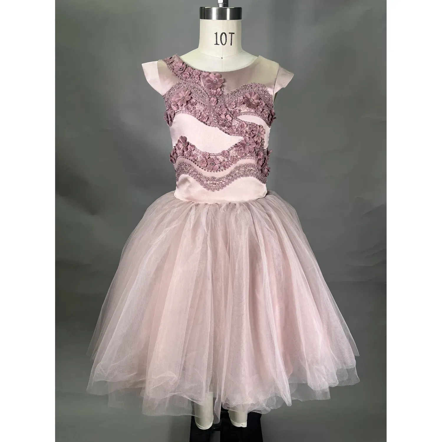 2PC DRESS & HAIRCLIP PINK SATIN EMBROIDERED BODICE TULLE HIGH LOW SKIRT / 20628