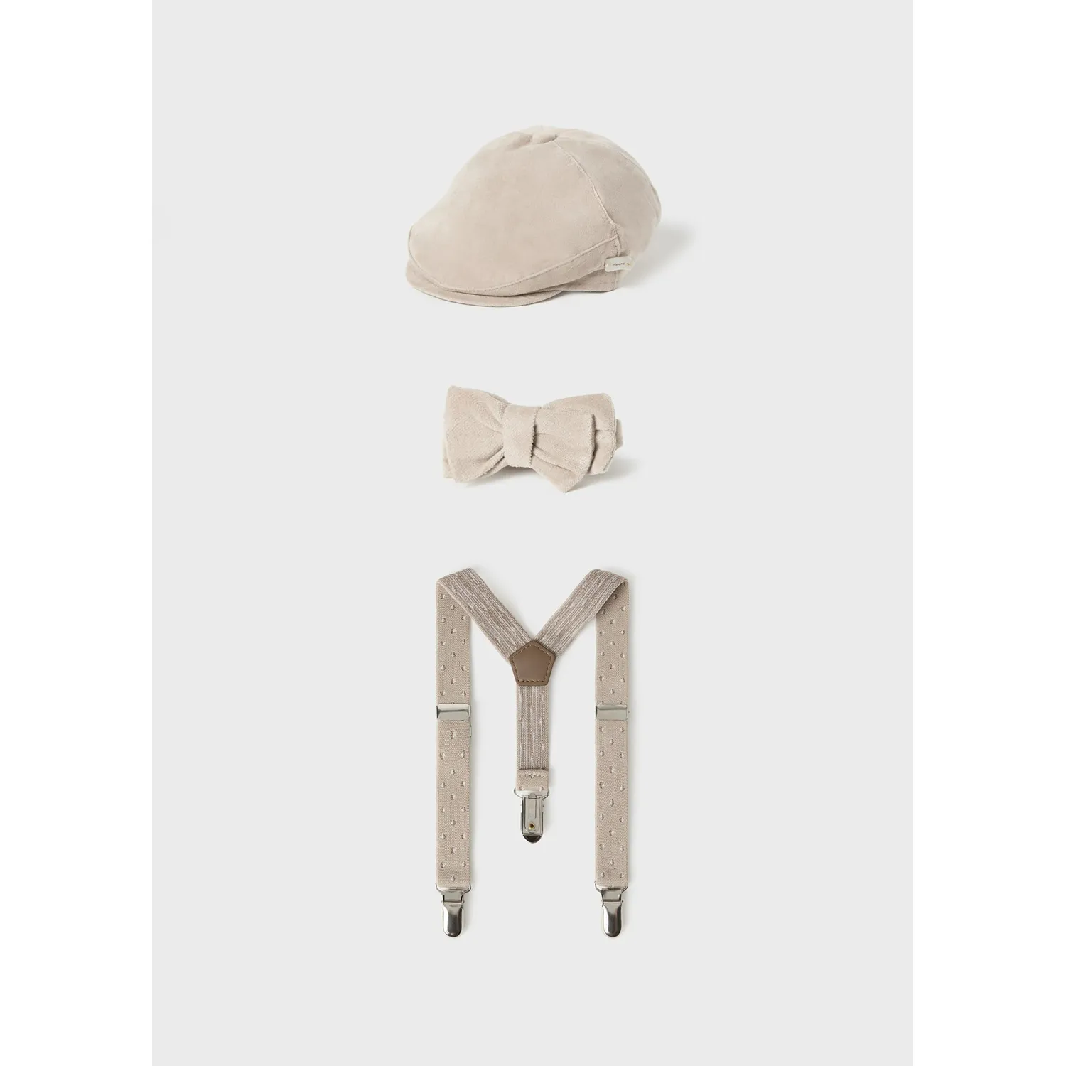 3PC BEIGE BERET SUSPENDERS & BOWTIE VELOUR / 9771-085