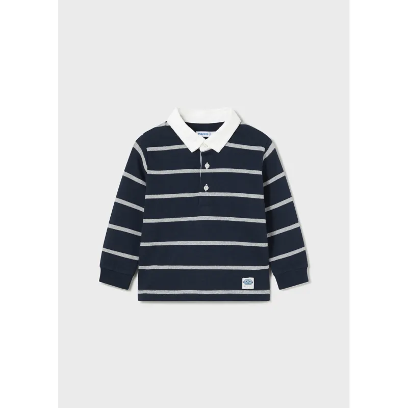 NAVY STRIPED POLO TOP CREAM COLLAR LONG SLEEVE / 2185-024