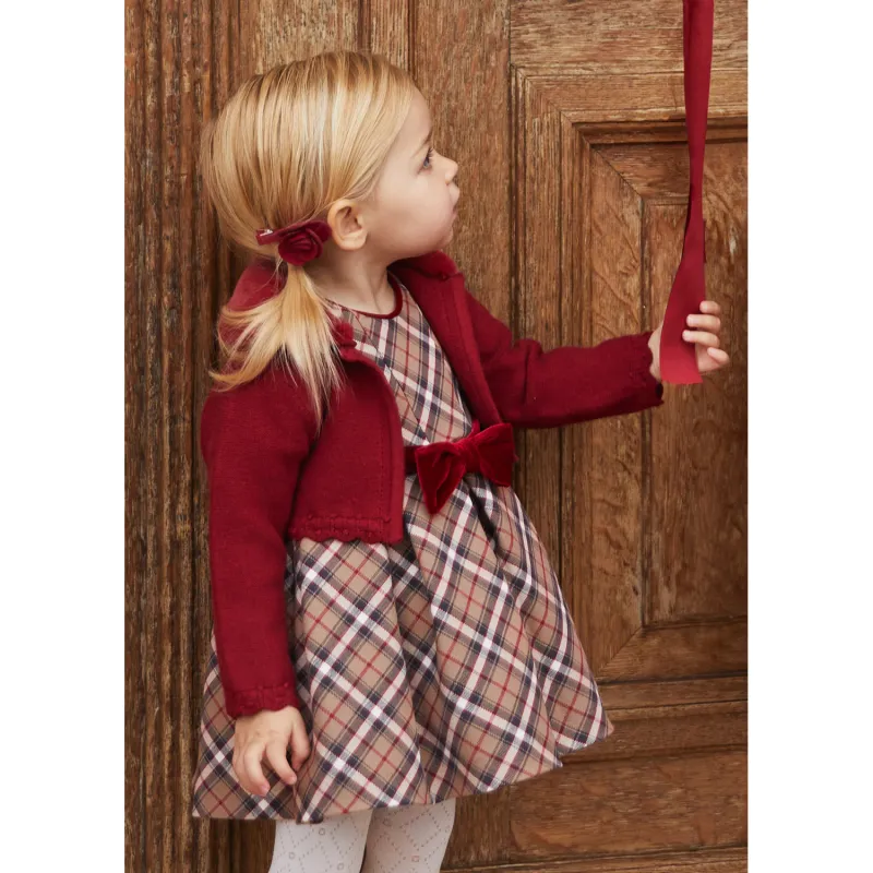 L10798ABE / 5514-001 BROWN PLAID DRESS RED VELVET BELT & BOW SHORT SLEEVE