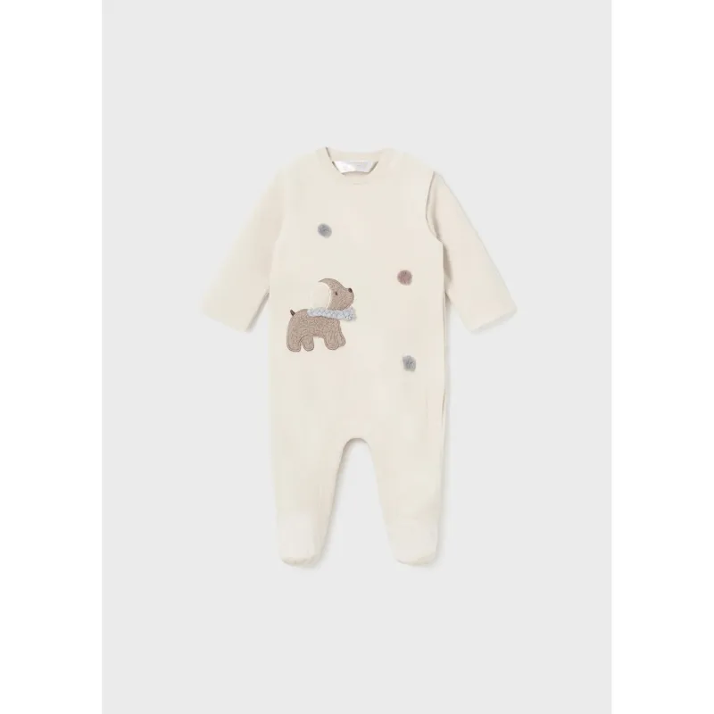 CREAM VELOUR SLEEPER SIDECLOSURE BROWN PUPPY APPLIQUE / 2792-059