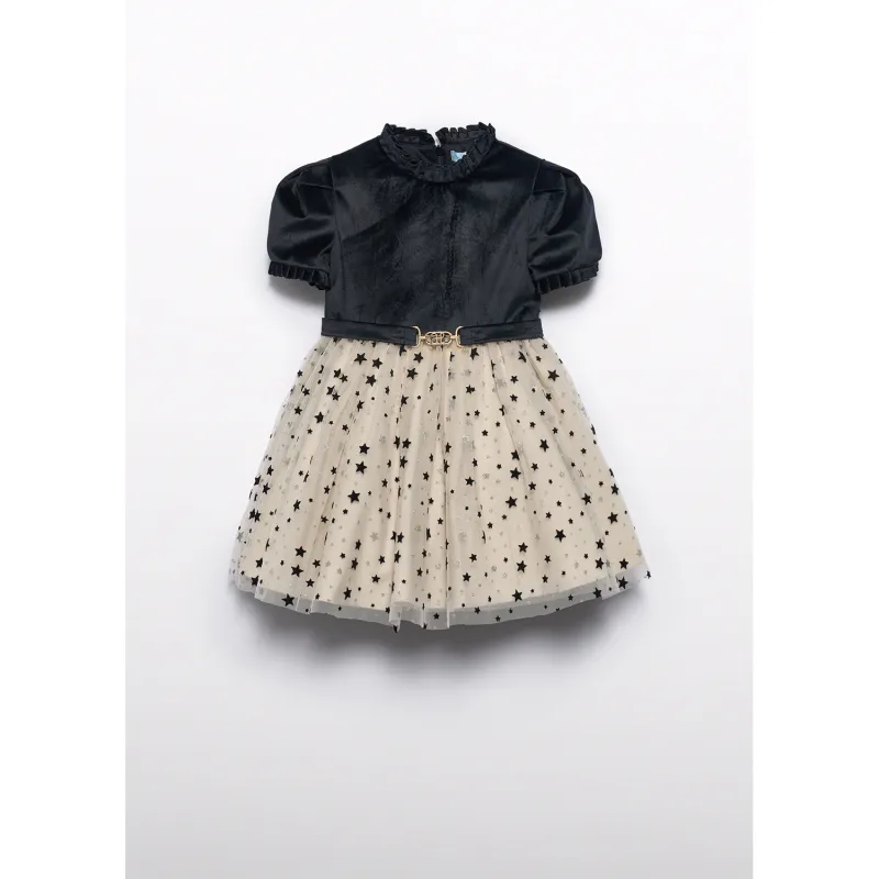 2PC BLACK & GOLD VELVET DRESS & BELT STAR PRINT TULLE / 5532-005