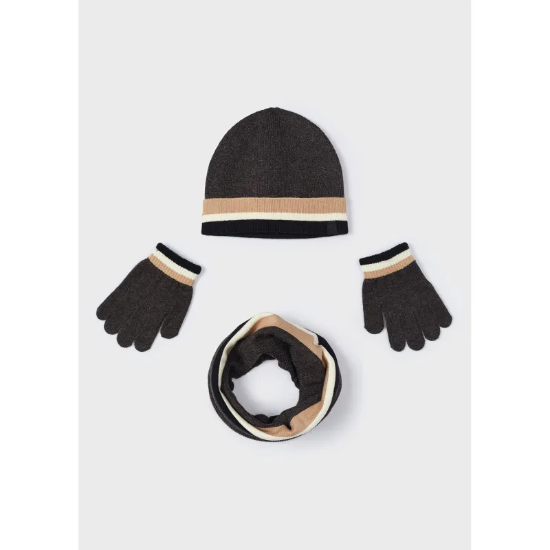 3PC DARK GREY HAT & GLOVES & NECKWARMER SET BROWN TRIM / 10.823-033