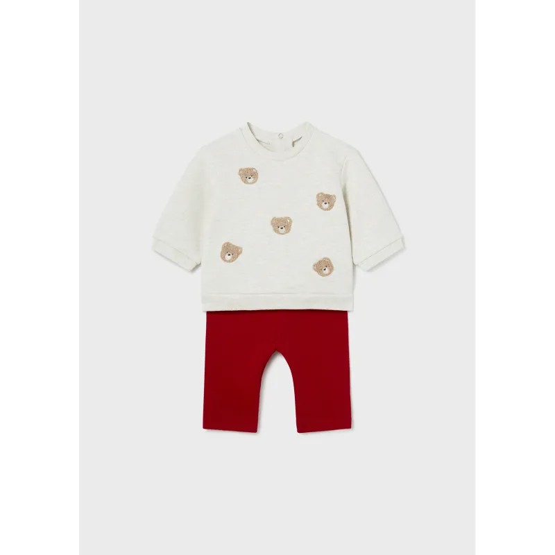 2PC BEIGE & RED LEGGING SET BEAR APPLIQUE / 2786-024A