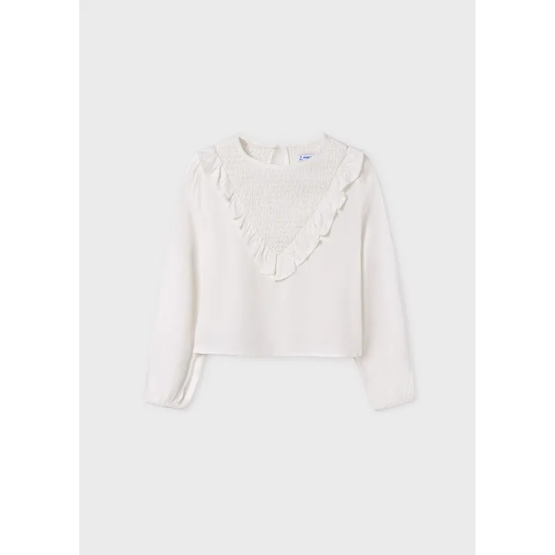 CREAM BLOUSE SMOCKED & FLOUNCE BODICE LONG SLEEVE / 7190-046