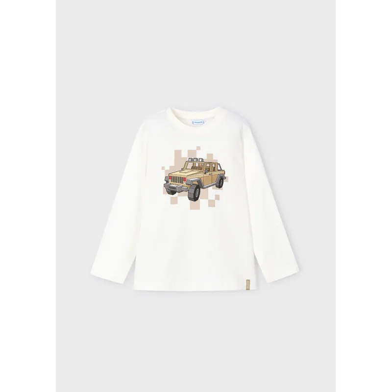 CREAM TSHIRT LONG SLEEVE BROWN TRUCK PRINT / 4052-080