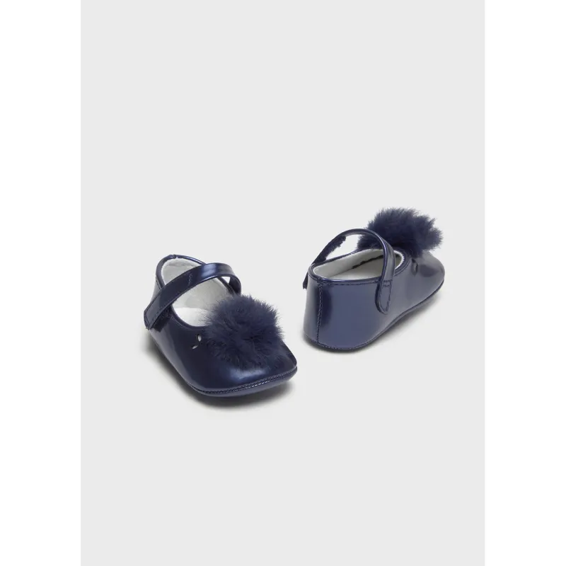 NAVY MARY JANE SHOE DRESSY FUR POM POM TRIM / 9792-083