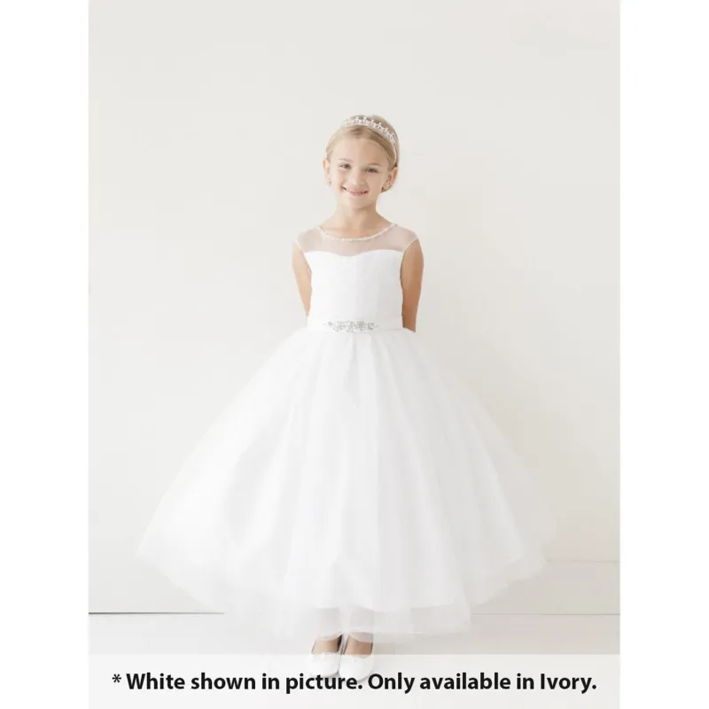 DRESS IVORY EMBROIDERED BODICE & TULLE SKIRT RHINESTONE BELT / 5712