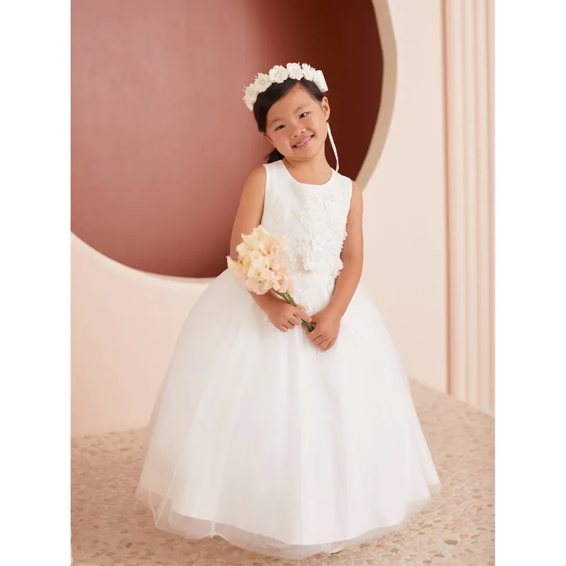 DRESS IVORY LACE BODICE 3D FLOWER APPLIQUE TULLE SKIRT PEARL TRIM / 5857