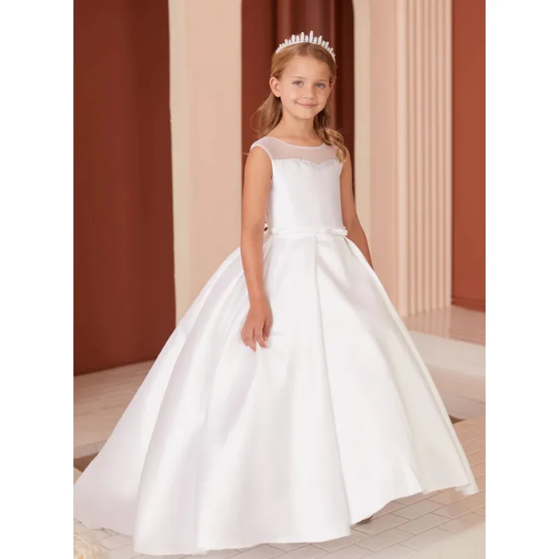 DRESS IVORY MIKADO SATIN HIGH LOW MESH RHINESTONE TRIM BACK / 5869
