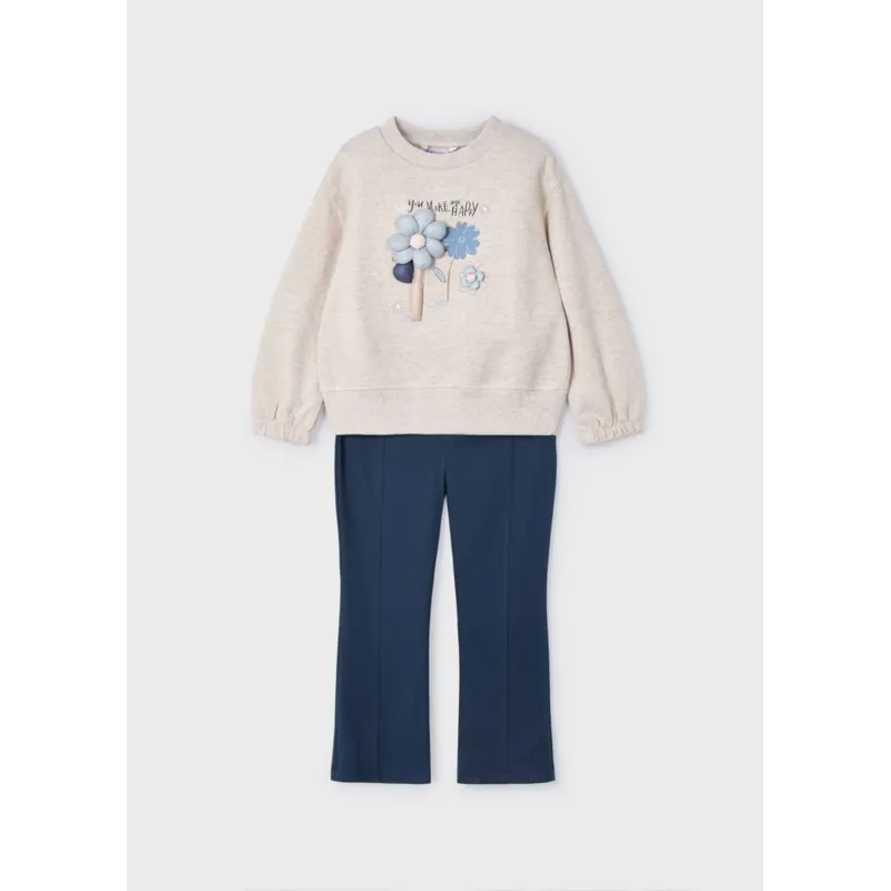 2PC BEIGE & NAVY LEGGING SET FLOWER APPLIQUE / 10-062
