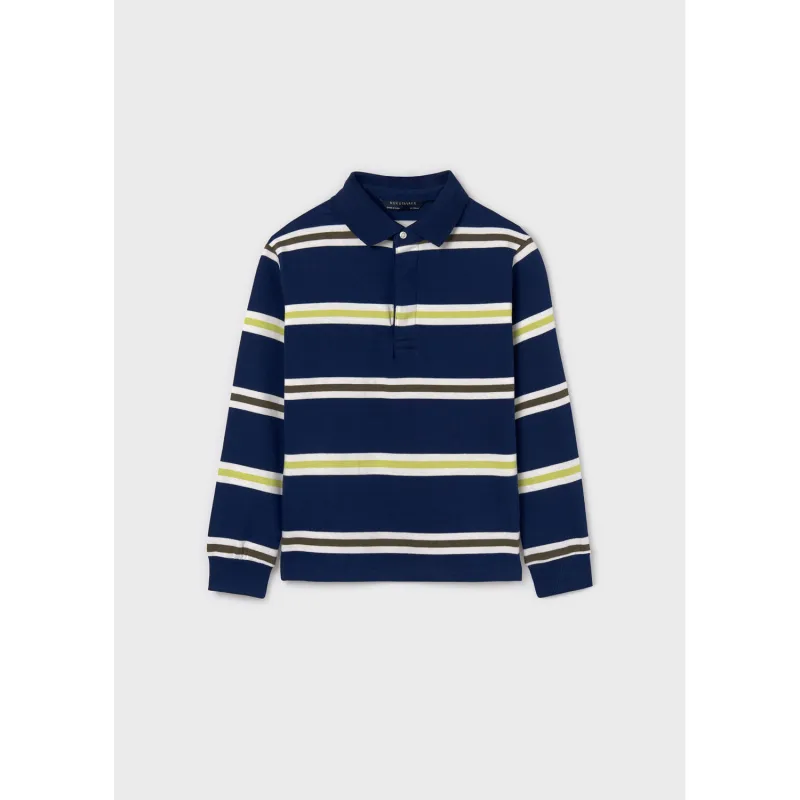 NAVY KNIT POLO TOP STRIPED TRIM LONG SLEEVE / 7102-075