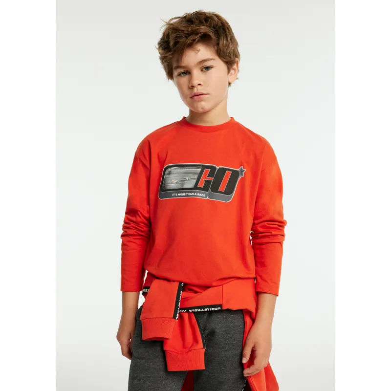 RED TSHIRT GREY RACECAR APPLIQUE LONG SLEEVE / 7088-043