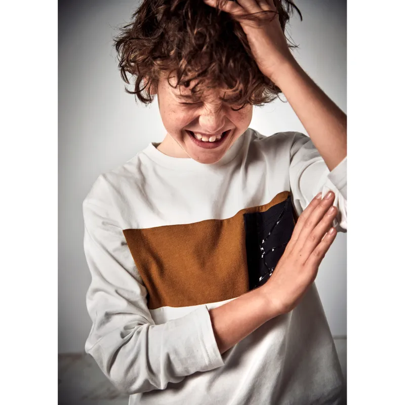 CREAM TSHIRT BROWN STRIPE NAVY POCKET LONG SLEEVE / 7084-030
