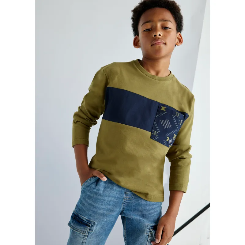 KHAKI GREEN TSHIRT NAVY STRIPE - POCKET / 7084-029
