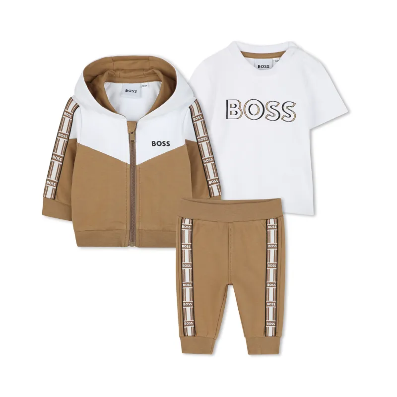 3PC BROWN & WHITE TRACKSUIT & TSHIRT SET BOS LOGO / J52209-269
