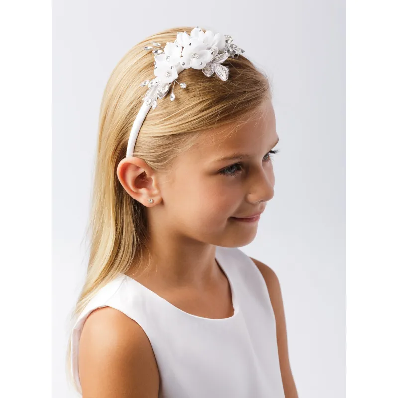 WHITE HARD HEADBAND FLOWERS & RHINESTONES / 113