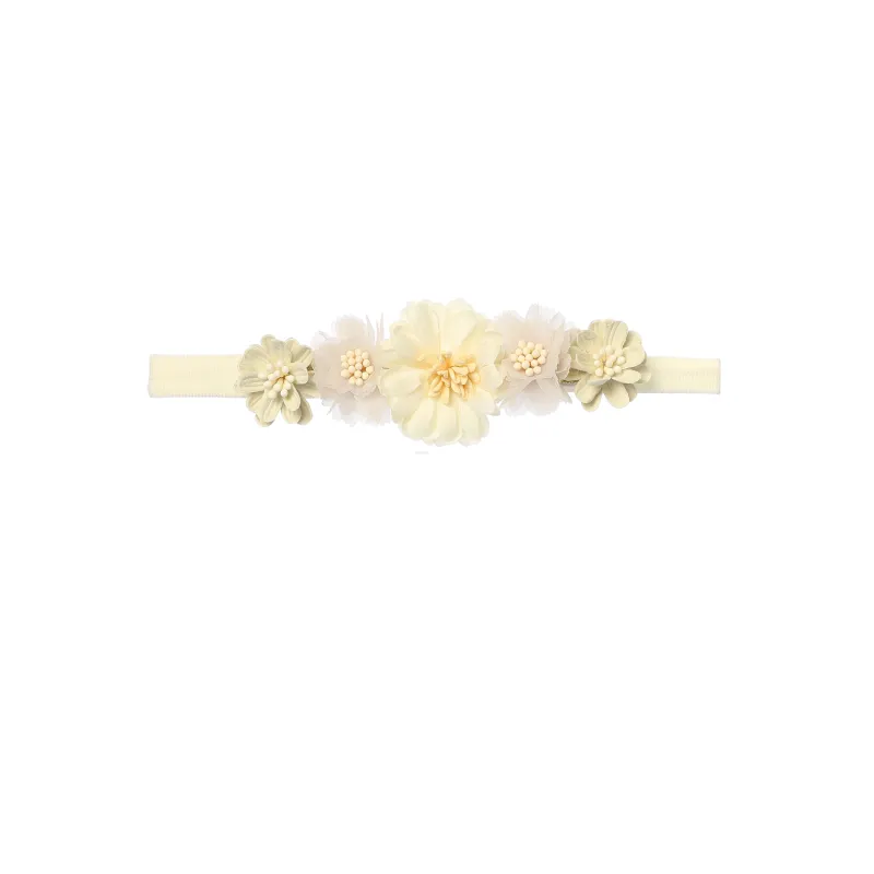 IVORY SOFT HEADBAND 5 FLOWERS TRIM STRETCH BABY / 144