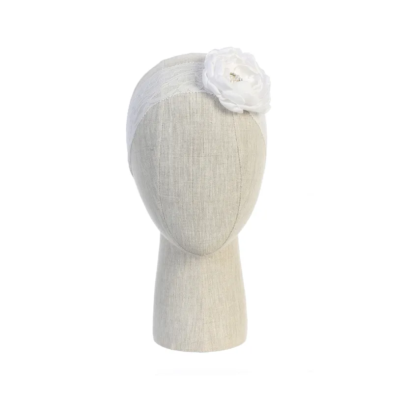WHITE LACE HEADBAND STRETCH SATIN FLOWER / 127