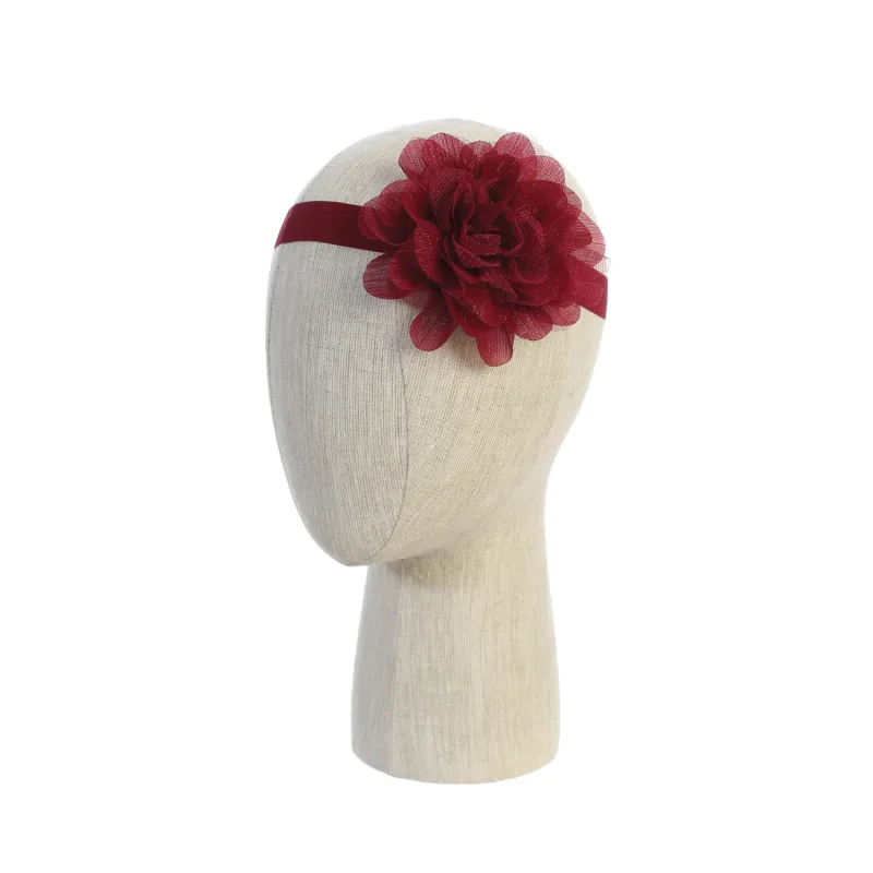 BURGUNDAY HEADBAND STRETCH LARGE CHIFFON FLOWER / 162