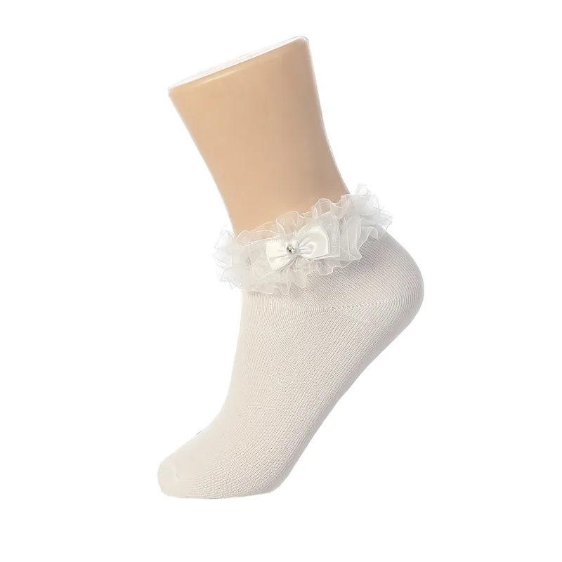 WHITE SOCK ORGANZA RUFFLE & BOW / 016