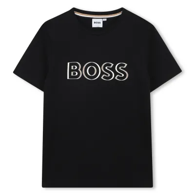 BLACK TSHIRT RAISED LOGO BEIGE SHORT SLEEVE / J52034-09B