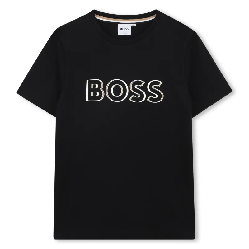 BLACK TSHIRT RAISED LOGO BEIGE SHORT SLEEVE / J52034-09B