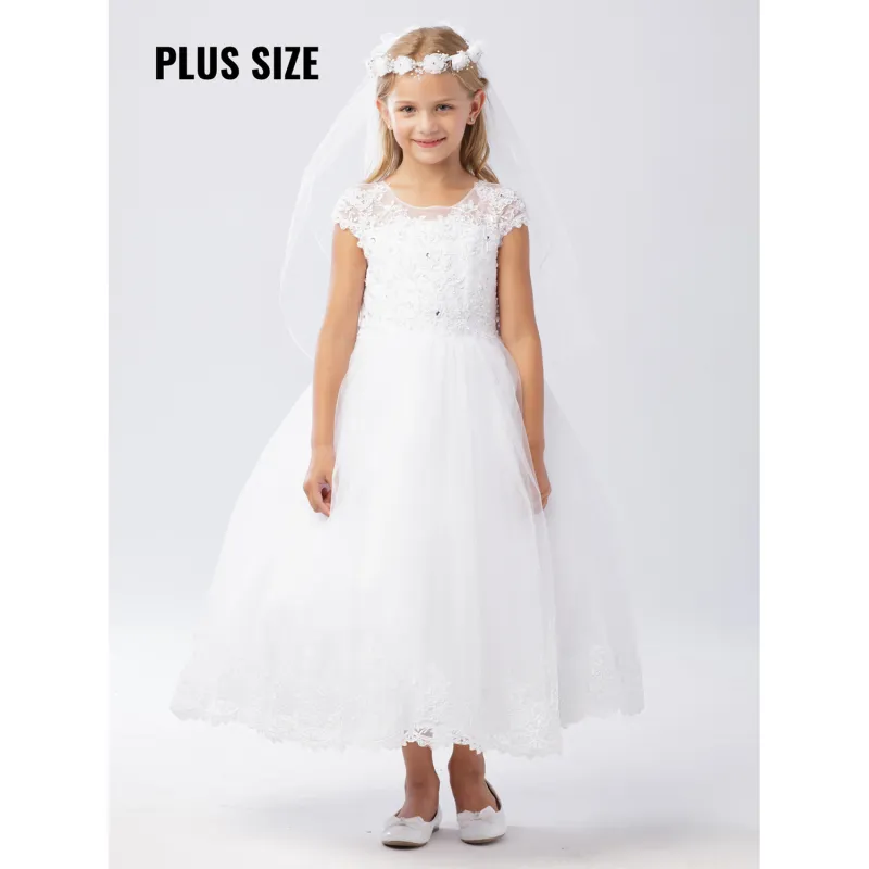 WHITE GOWN LACE BODICE HEM WITH RHINESTONE TRIM TULLE SKIRT / 5730X