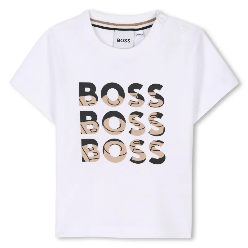 WHITE TSHIRT 3 BLACK & TAN BOSS LOGO SHORT SLEEVE / J52113-10P