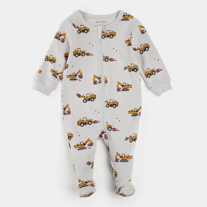 LIGHT GREY FOOTED SLEEPER YELLOW TRUCK PRINT 2WAY ZIPPER / 25SRS10P03B