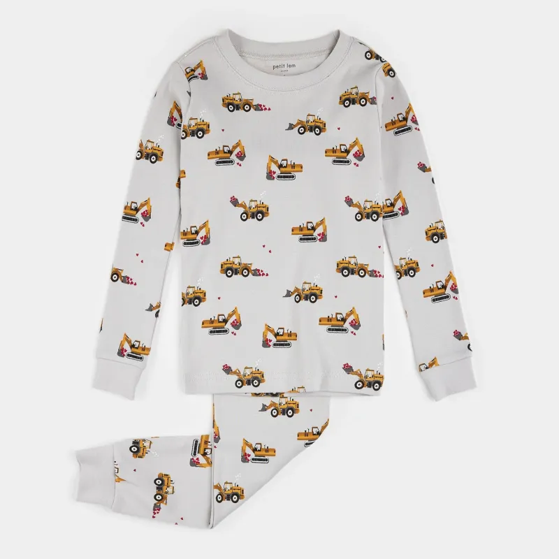 LIGHT GREY 2PC PYJAMA YELLOW TRUCK PRINT L/S / 25SRS10Q03K