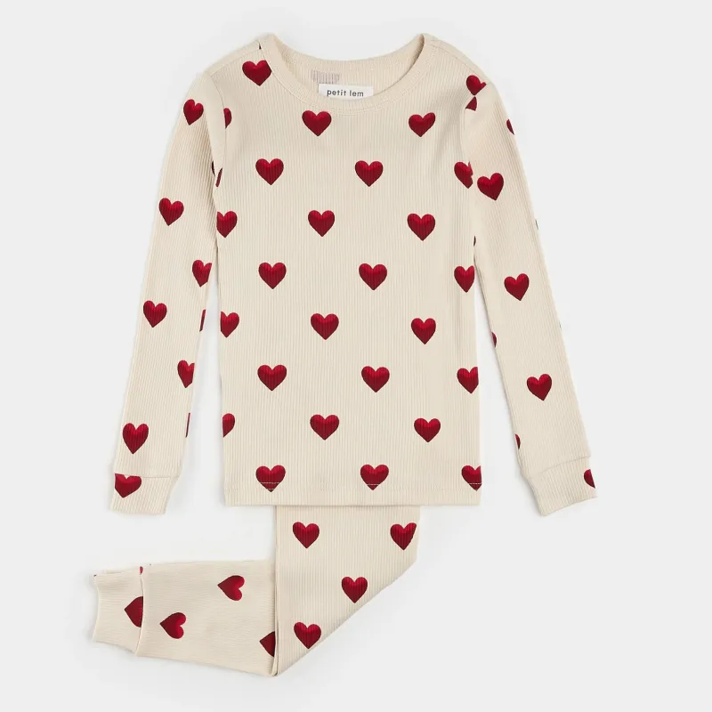 BEIGE 2PC PYJAMA RED HEART PRINT RIBBED L/S KNIT / 25SRS10Q01K