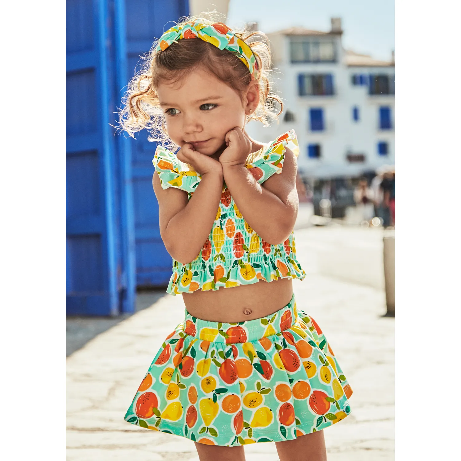 2PC AQUA PRINTED SKORT SET ORANGES & LEMONS SMOCKED TOP / 1930-10