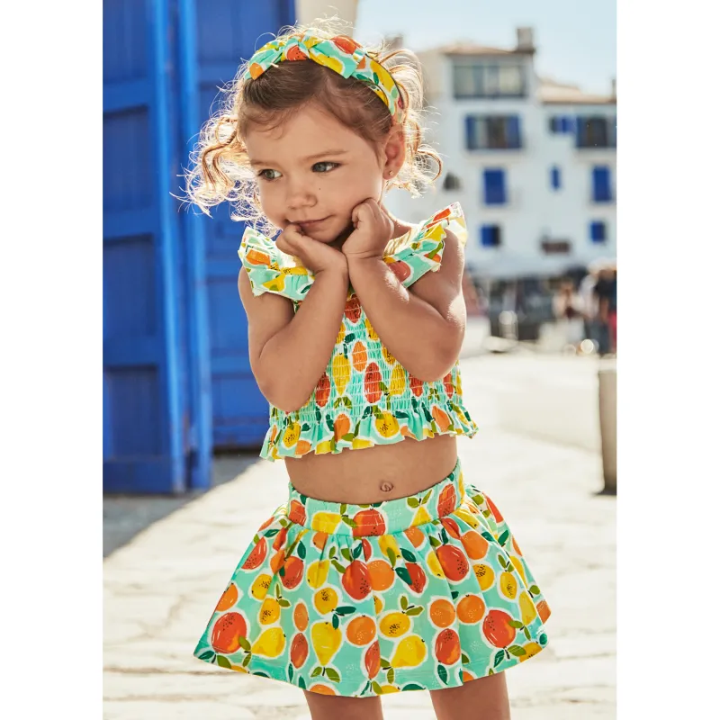 2PC AQUA PRINTED SKORT SET ORANGES & LEMONS SMOCKED TOP / 1930-10