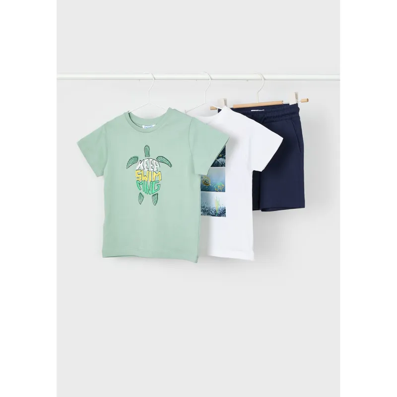 3PC GREEN WHITE & NAVY SHORT SET 2 TSHIRT KEEP SWIMMING / 3610-027