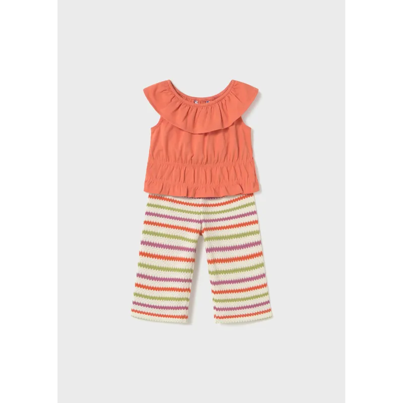 2PC ORANGE & STRIPE SHORT SET CROCHET SHORT SLEEVELESS / 1575-67